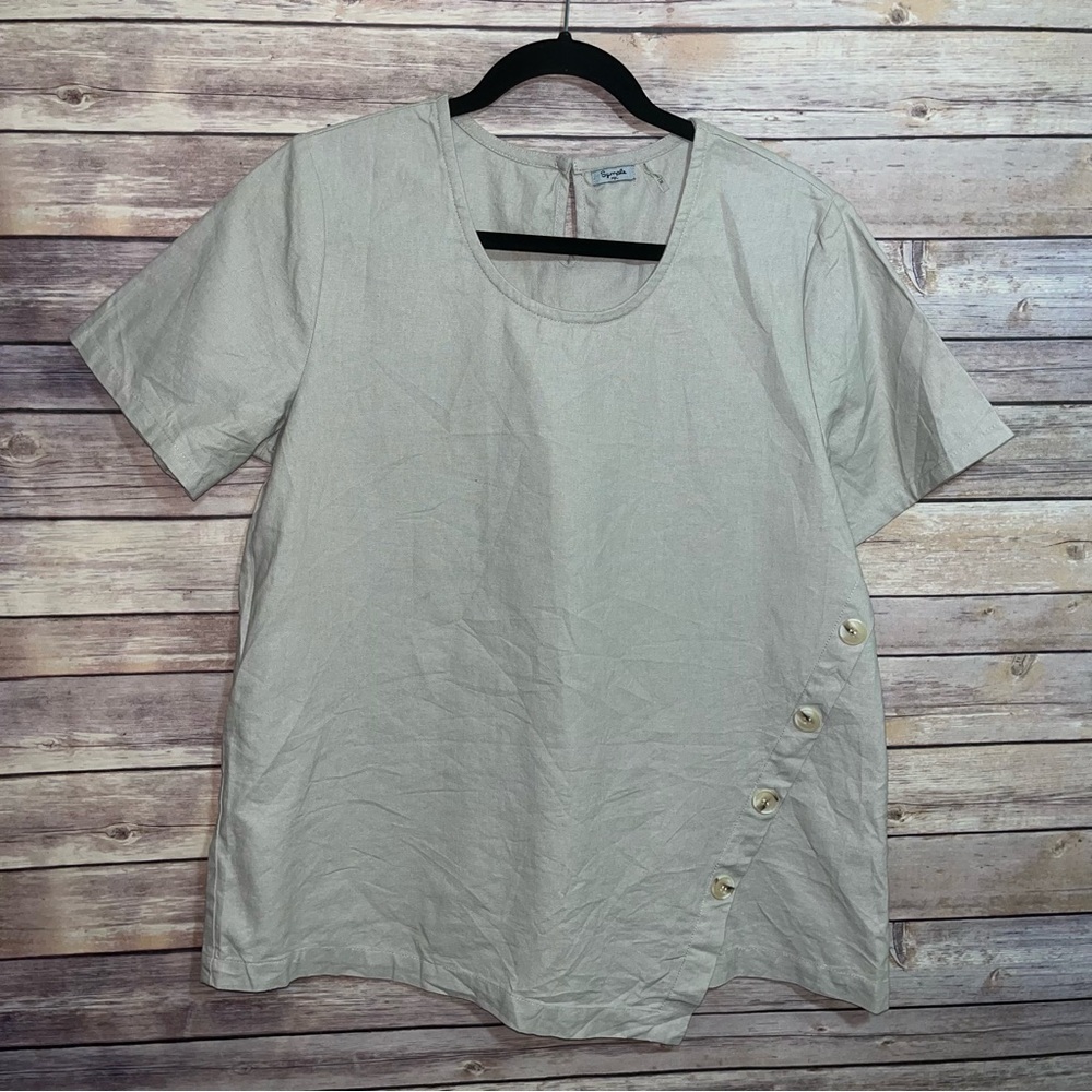 ⭐️ Symple NYC 100% Tan Linen Short Sleeved Blouse Size Medium Keyhole Back D3